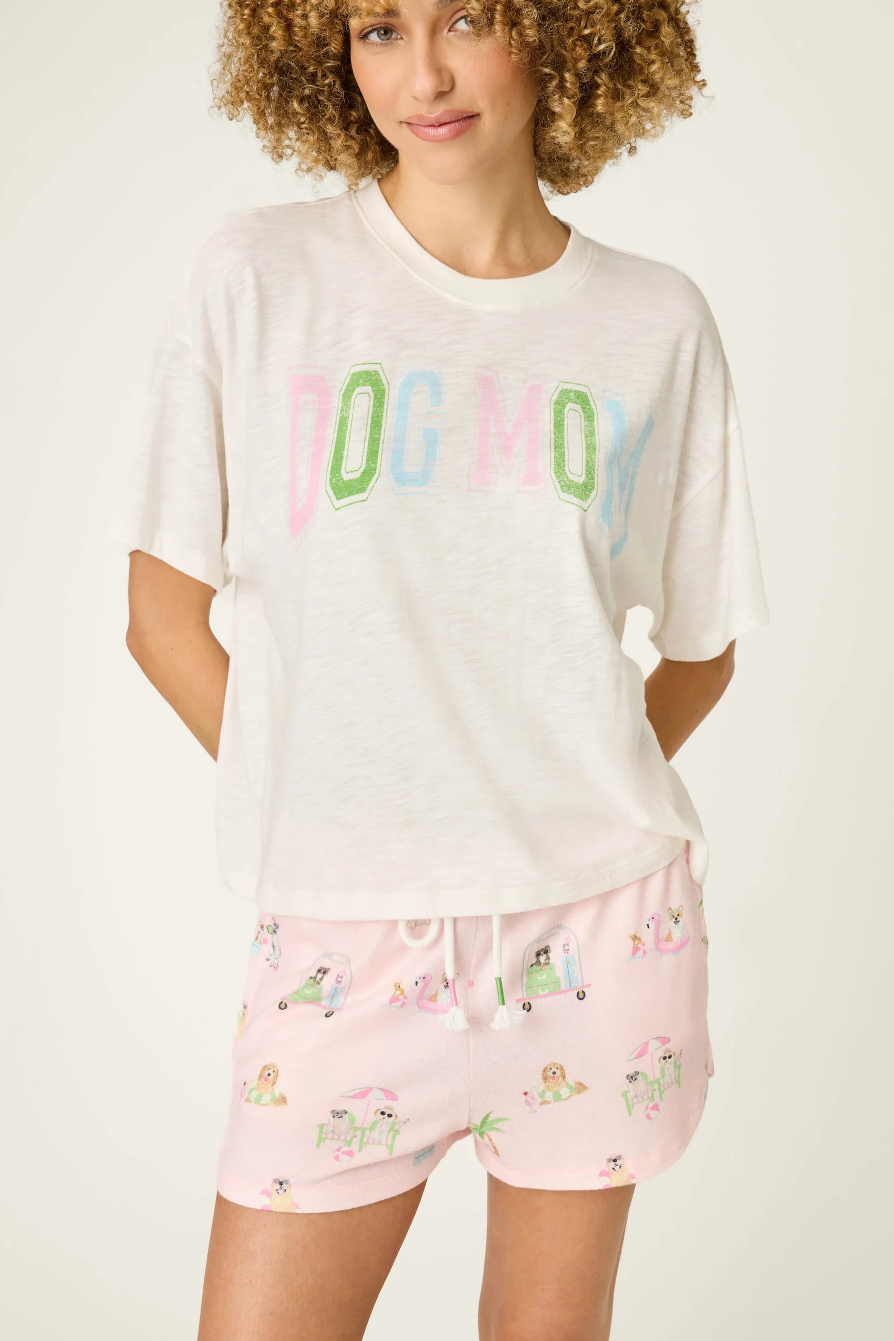 Pupcation Palms Dog Mom Graphic Tee by PJ Salvage worn with playful shorts, stylish casual outfit for dog lovers.