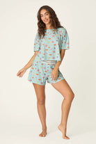 PJ Salvage Boyfriend Boxer Short PJ Set in Cool Blue Foodie print baby waffle knit — Cloud Nine Pajamas