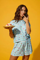 PJ Salvage Boyfriend Boxer Short PJ Set in Cool Blue Foodie print baby waffle knit — Cloud Nine Pajamas