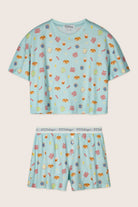 PJ Salvage Boyfriend Boxer Short PJ Set in Cool Blue Foodie print baby waffle knit — Cloud Nine Pajamas