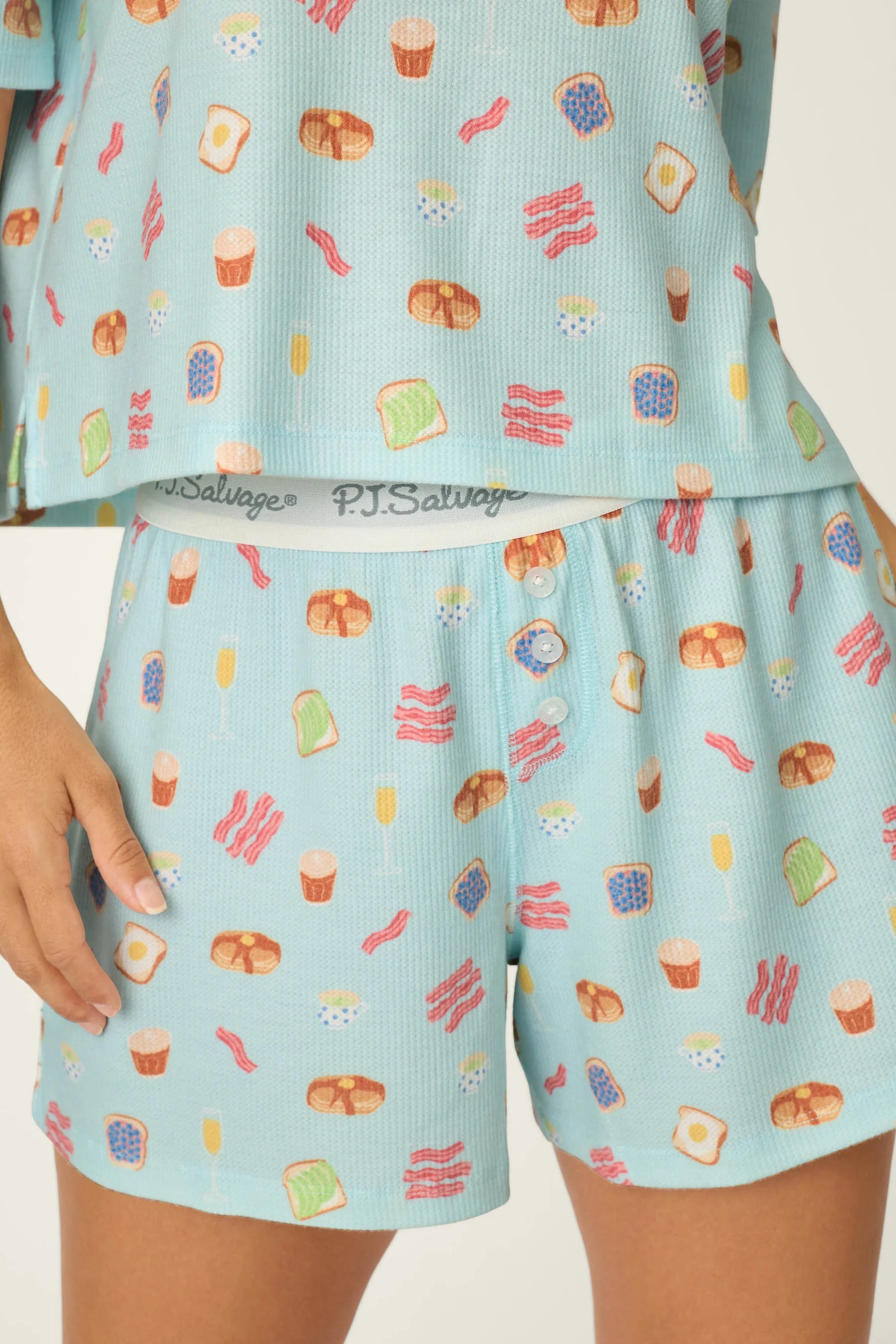 PJ Salvage Boyfriend Boxer Short PJ Set in Cool Blue Foodie print baby waffle knit — Cloud Nine Pajamas