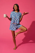 PJ Salvage Boyfriend Boxer Short PJ Set in Navy Cats print baby waffle knit — Cloud Nine Pajamas