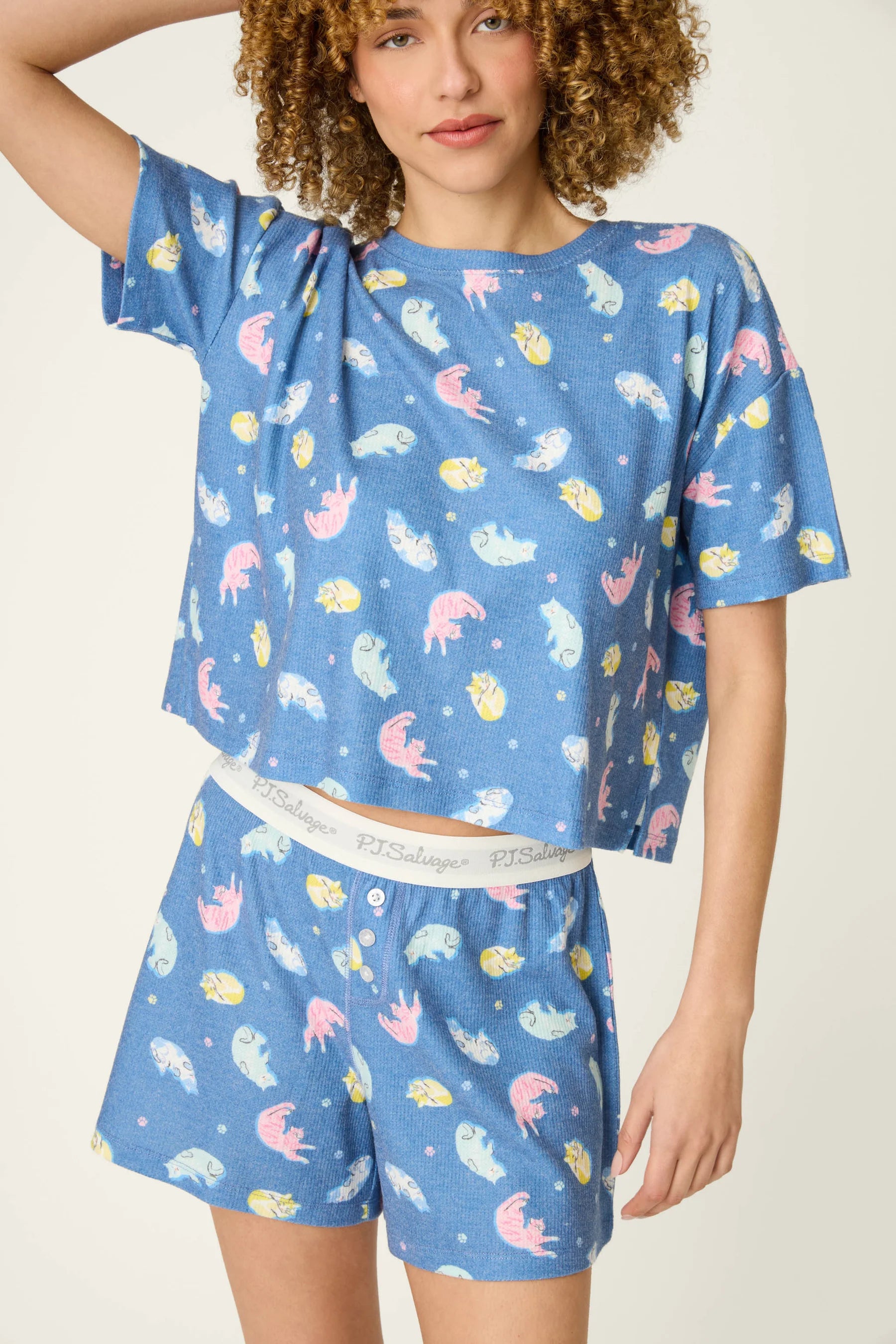 PJ Salvage Boyfriend Boxer Short PJ Set in Navy Cats print baby waffle knit — Cloud Nine Pajamas