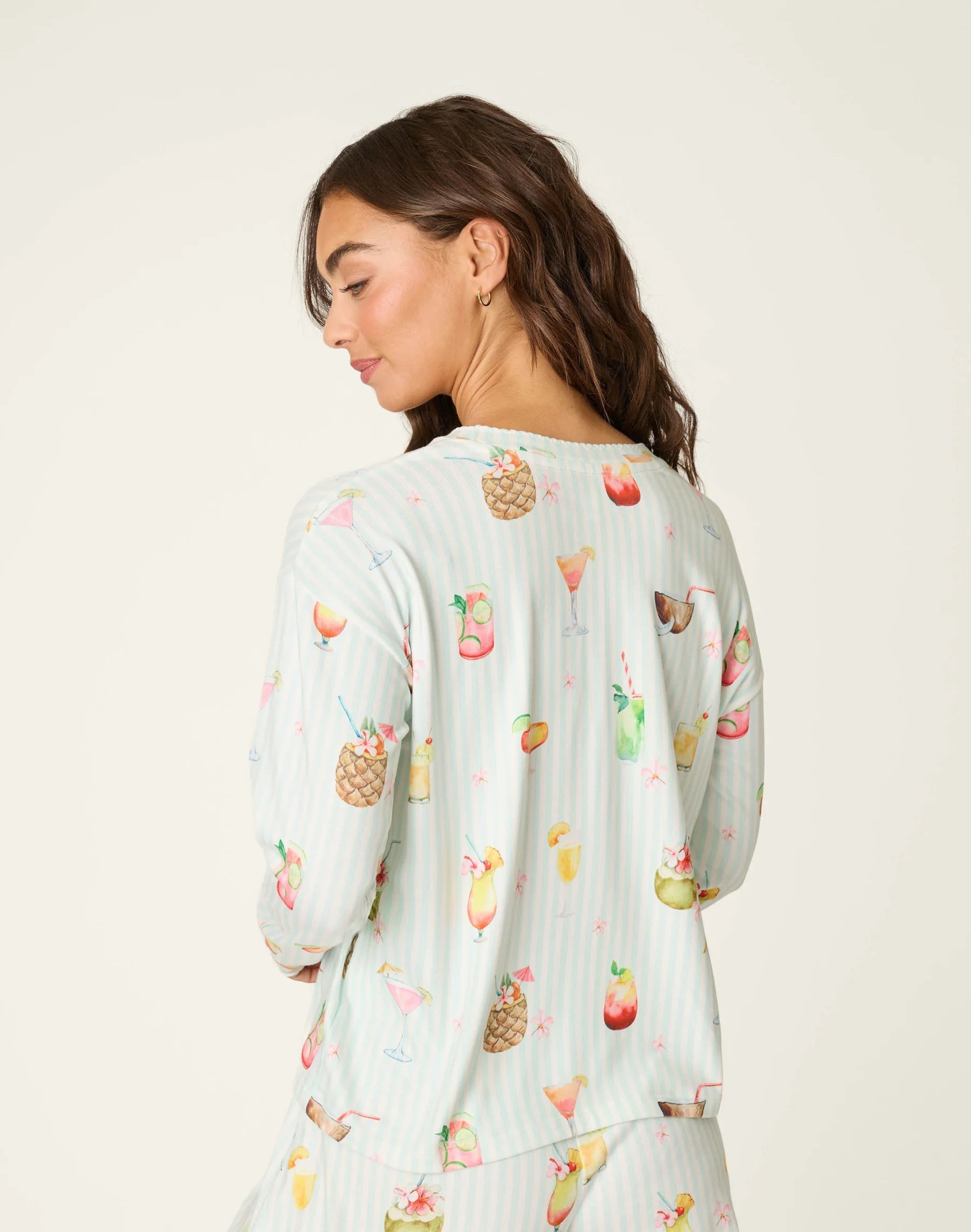 PJ Salvage 5 O'Clock Somewhere cocktail print long sleeve pyjama shirt and pant set in aqua and white stripe — Cloud Nine Pajamas Edmonton