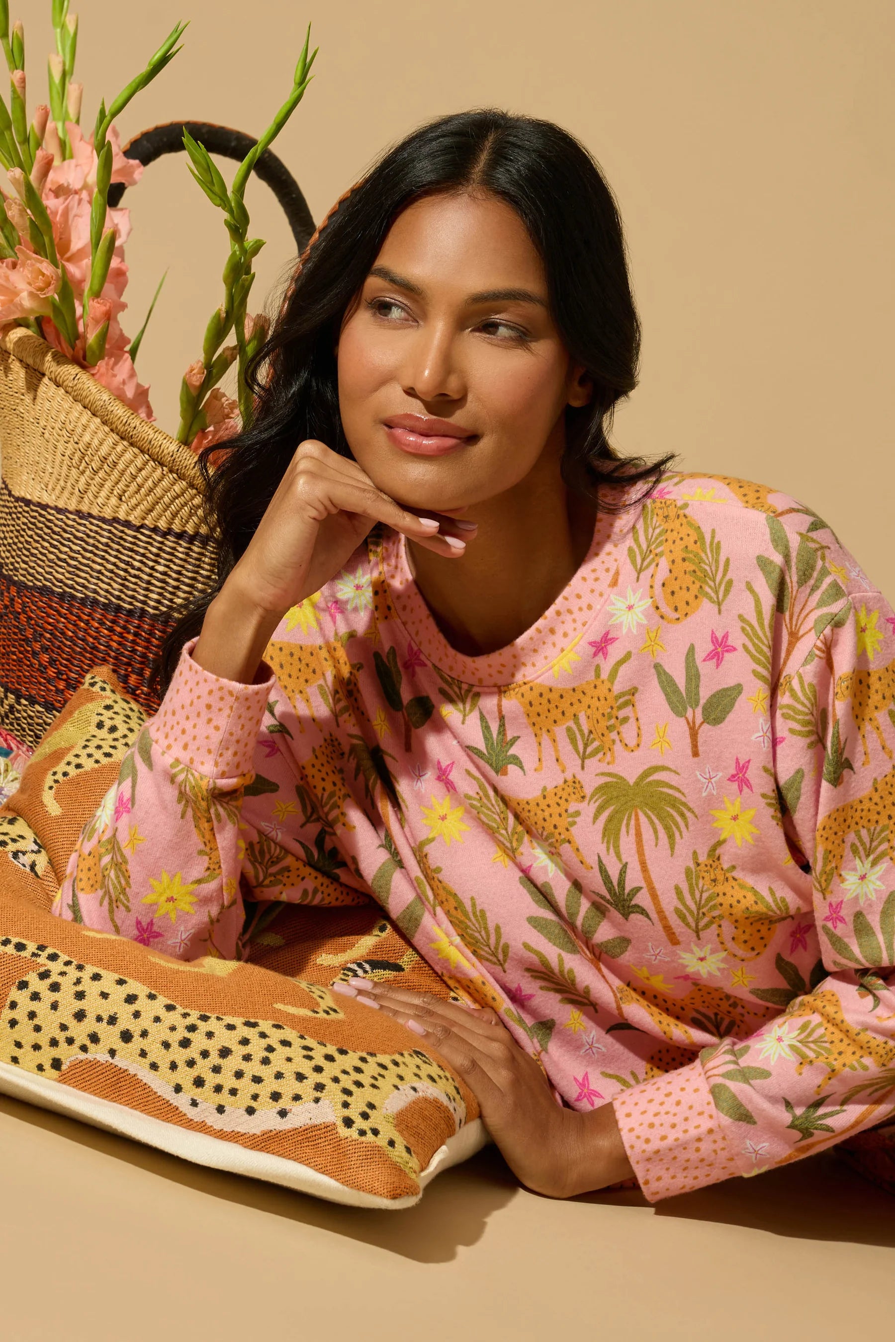 PJ Salvage In The Jungle leopard safari print long sleeve top and pant set in peachy jersey — Cloud Nine Pajamas Edmonton