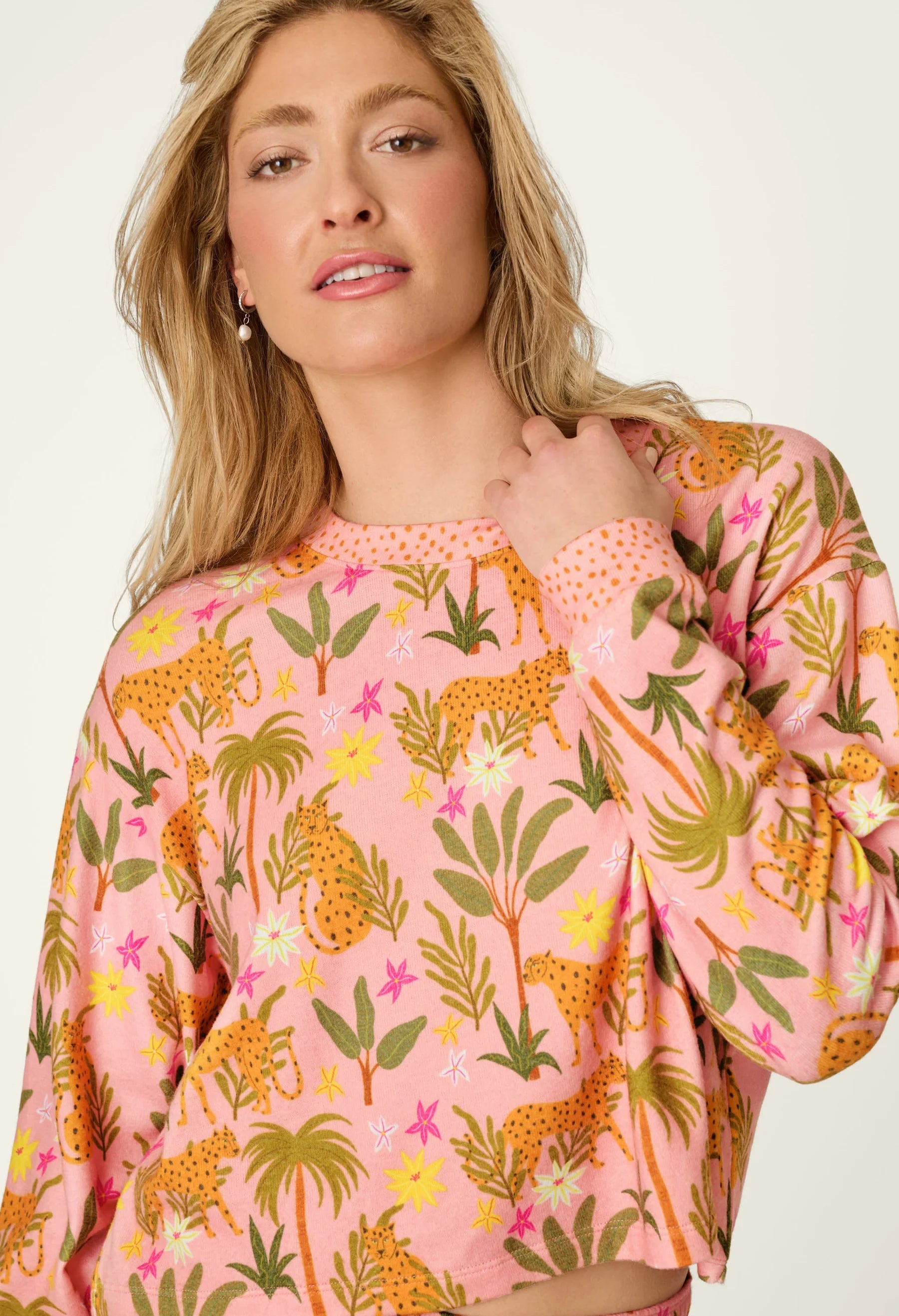 PJ Salvage In The Jungle leopard safari print long sleeve top and pant set in peachy jersey — Cloud Nine Pajamas Edmonton