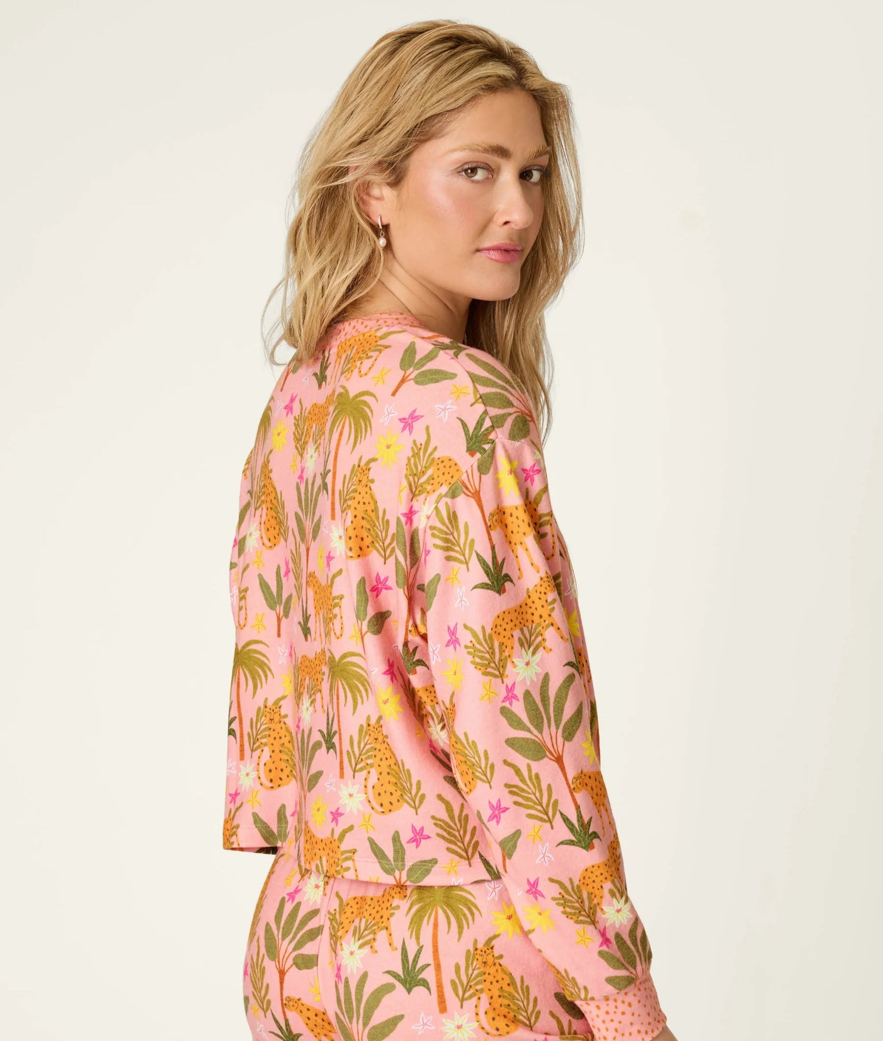PJ Salvage In The Jungle leopard safari print long sleeve top and pant set in peachy jersey — Cloud Nine Pajamas Edmonton