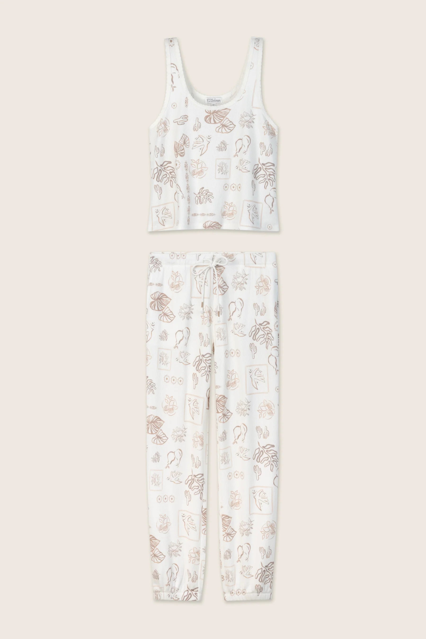 PJ Salvage Palms Away baby waffle knit tank and jogger set in peachy botanical palm print — Cloud Nine Pajamas Edmonton