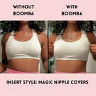 Comparison of a person wearing a white top with and without Boomba magic nipple covers.