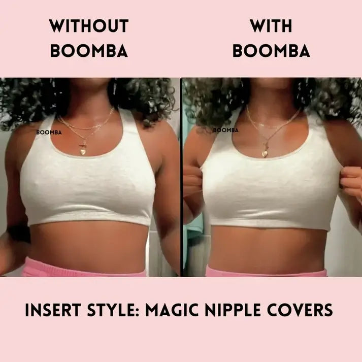 Comparison of a person wearing a white top with and without Boomba magic nipple covers.