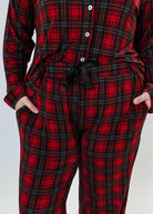 women's Red Plaid Button Up Bamboo PJ Set Straight Leg Pant  for holidays Georgia Rylan - showcasing the details of the drawstring pant and pockets