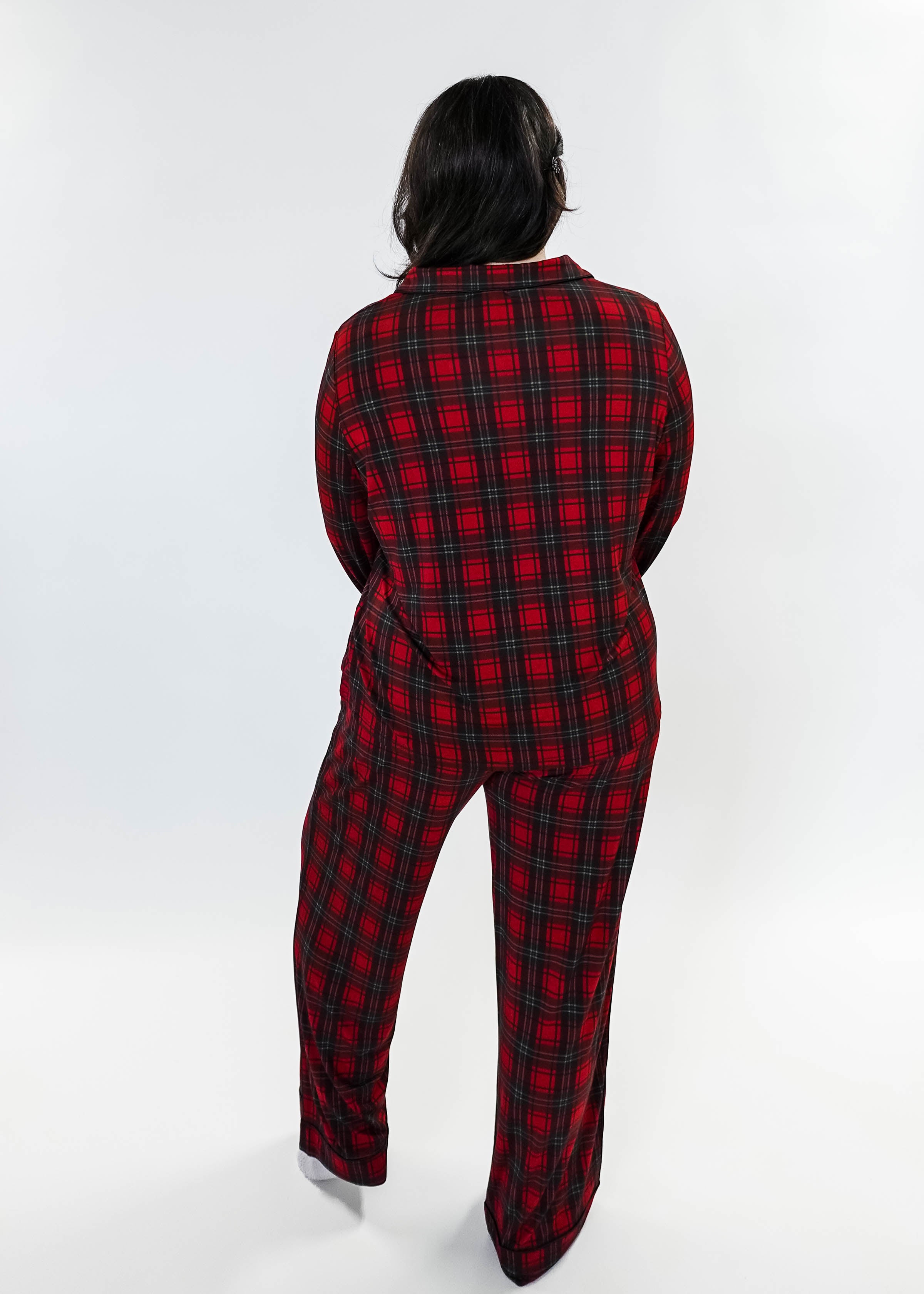 women's red plaid button up pj set in bamboo for holidays Georgia Rylan