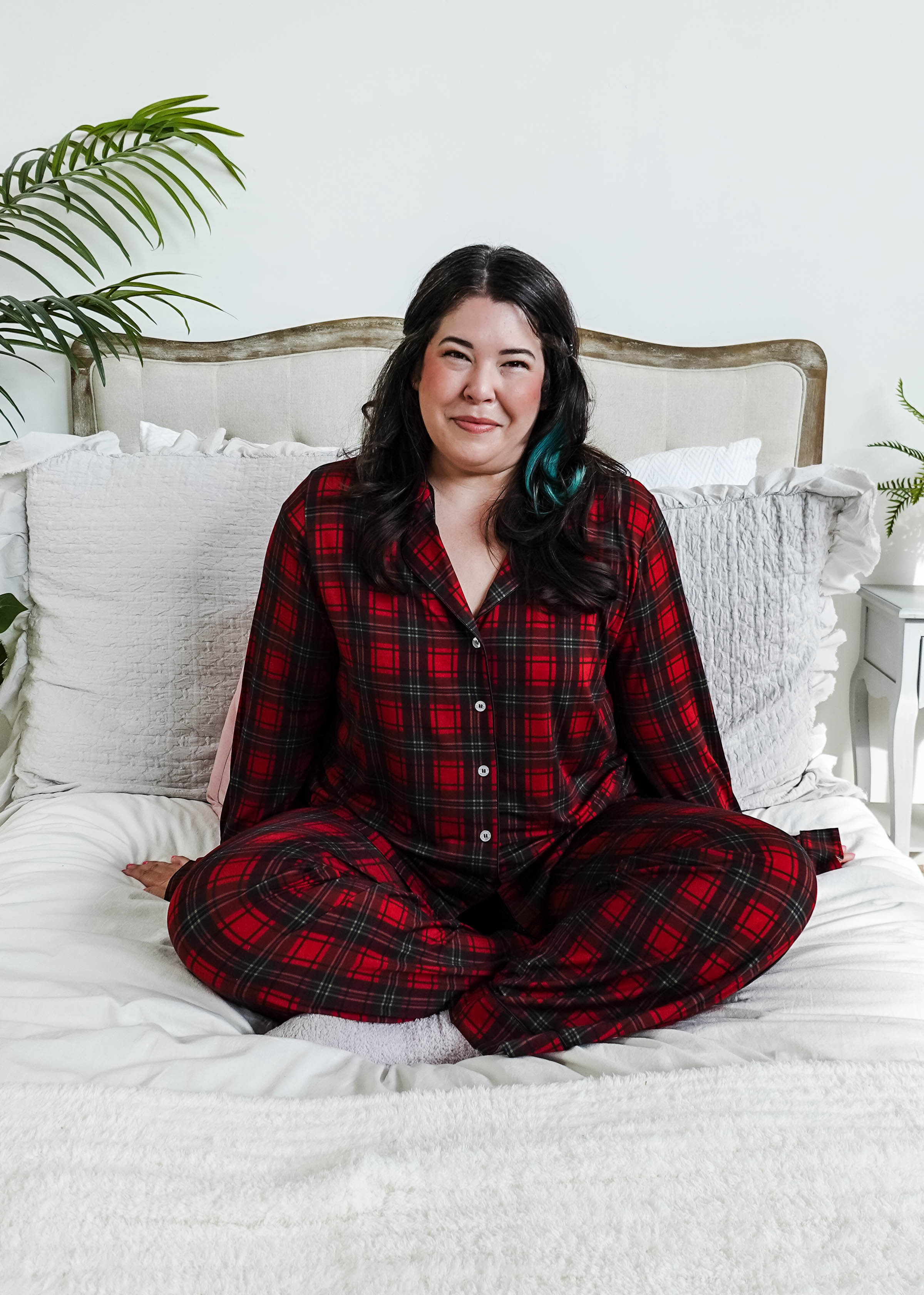 Red Plaid Button Up Bamboo PJ Set Straight Leg Pant  - women's holiday pajamas