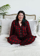 Red Plaid Button Up Bamboo PJ Set Straight Leg Pant  - women's holiday pajamas