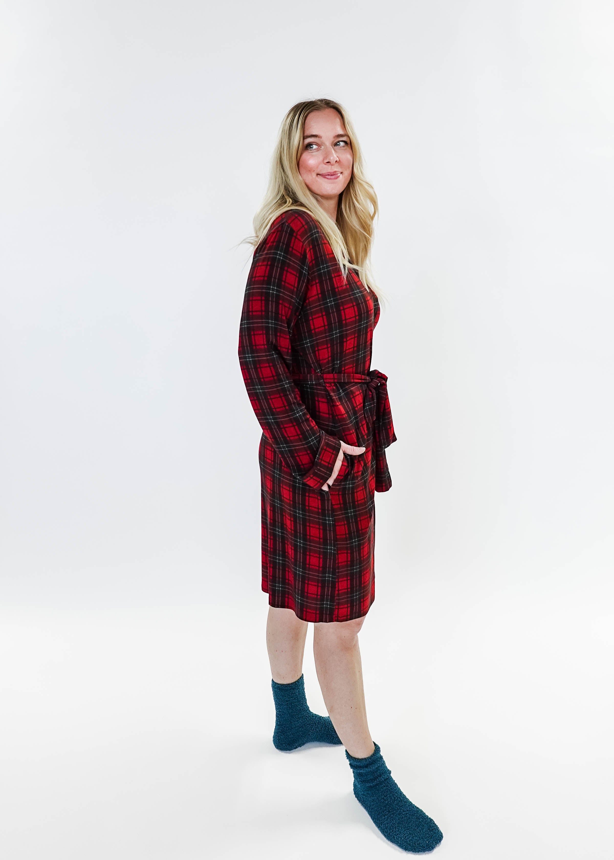 women's holiday red plaid robe in bamboo Georgia Rylan