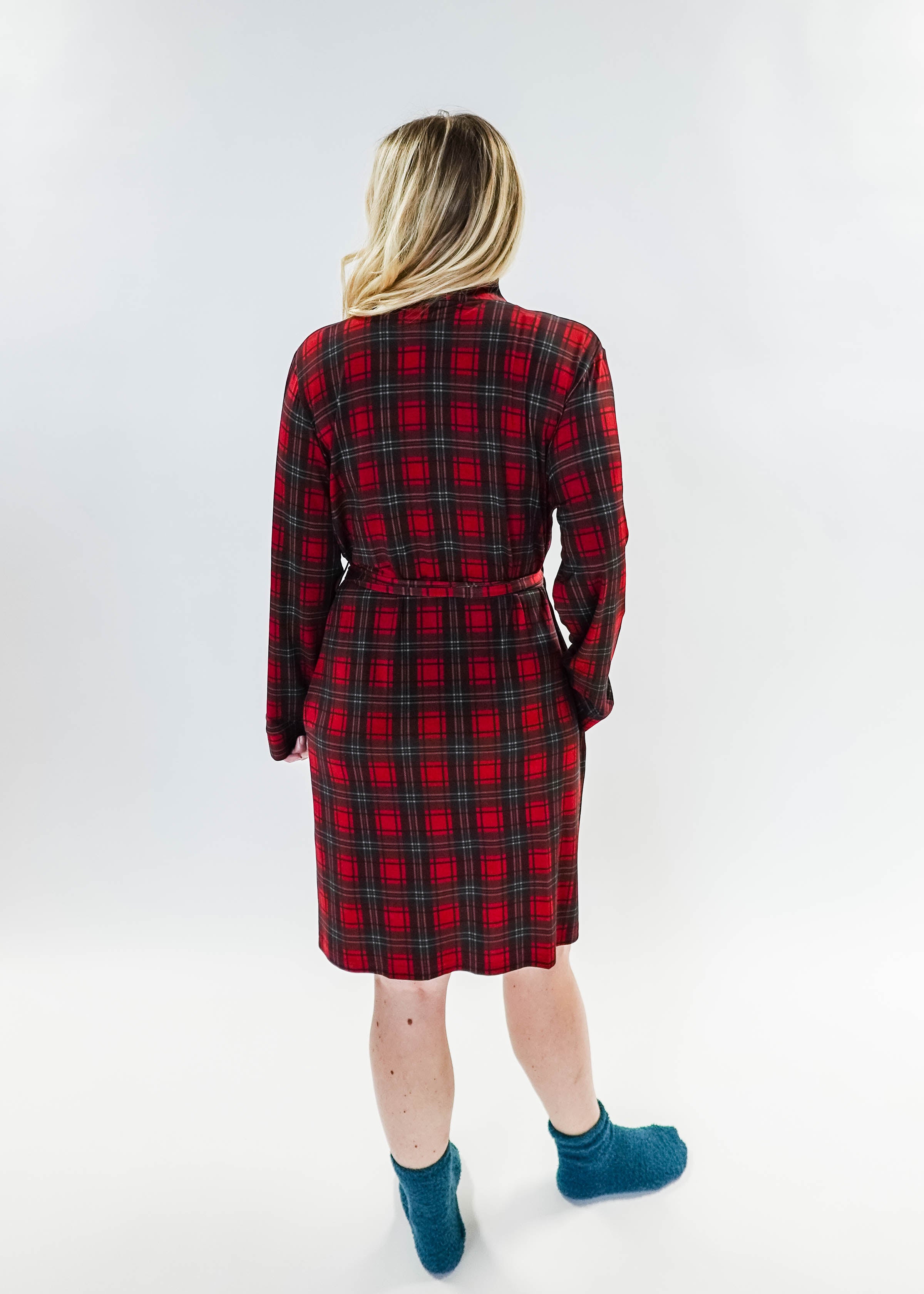 women's holiday red plaid robe in bamboo Georgia Rylan