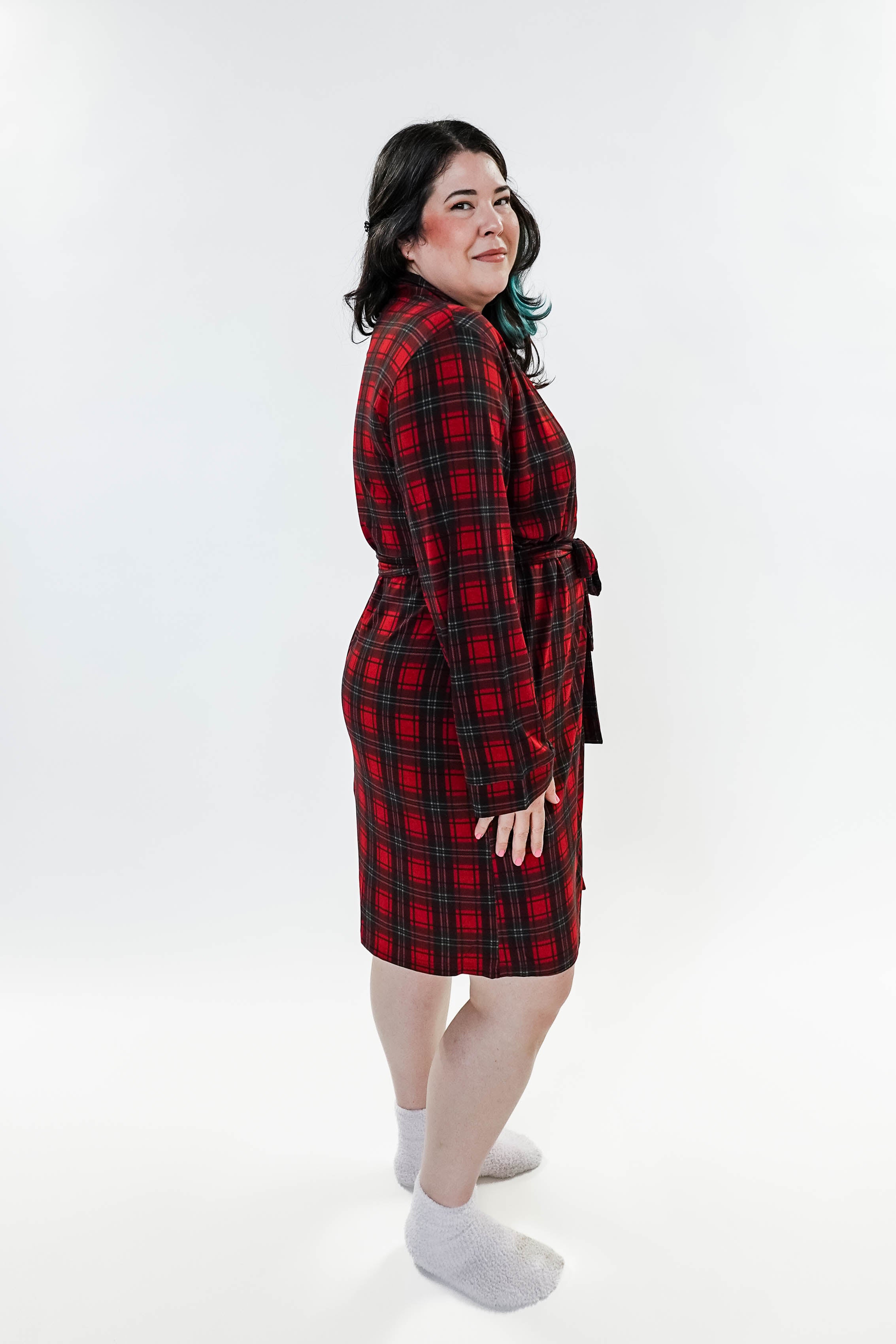 women's holiday red plaid robe in bamboo Georgia Rylan
