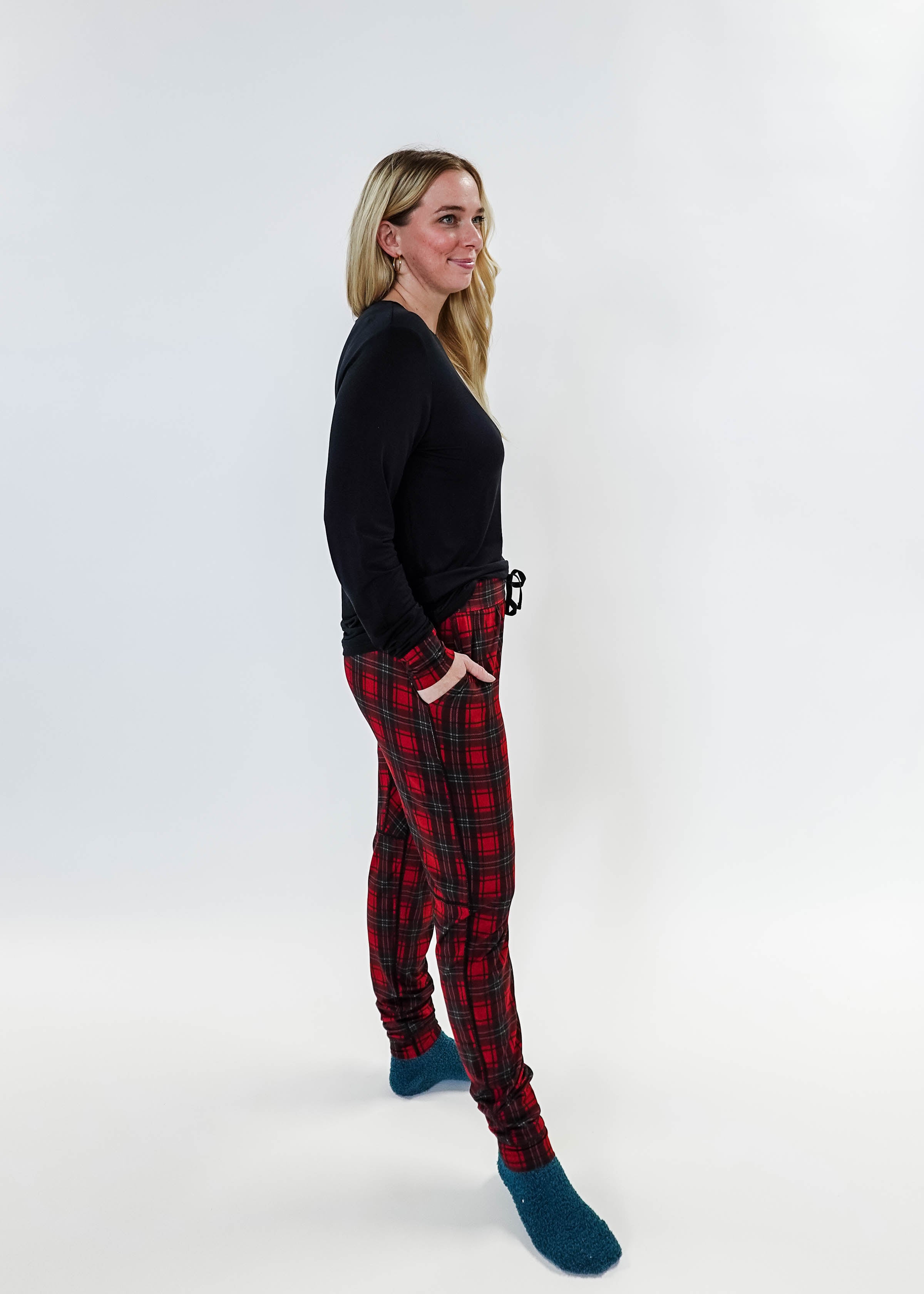 Red Plaid & Black Long Sleeve Jogger Bamboo PJ Set women's holiday pj set red plaid with solid top jogger and top bamboo Georgia Rylan