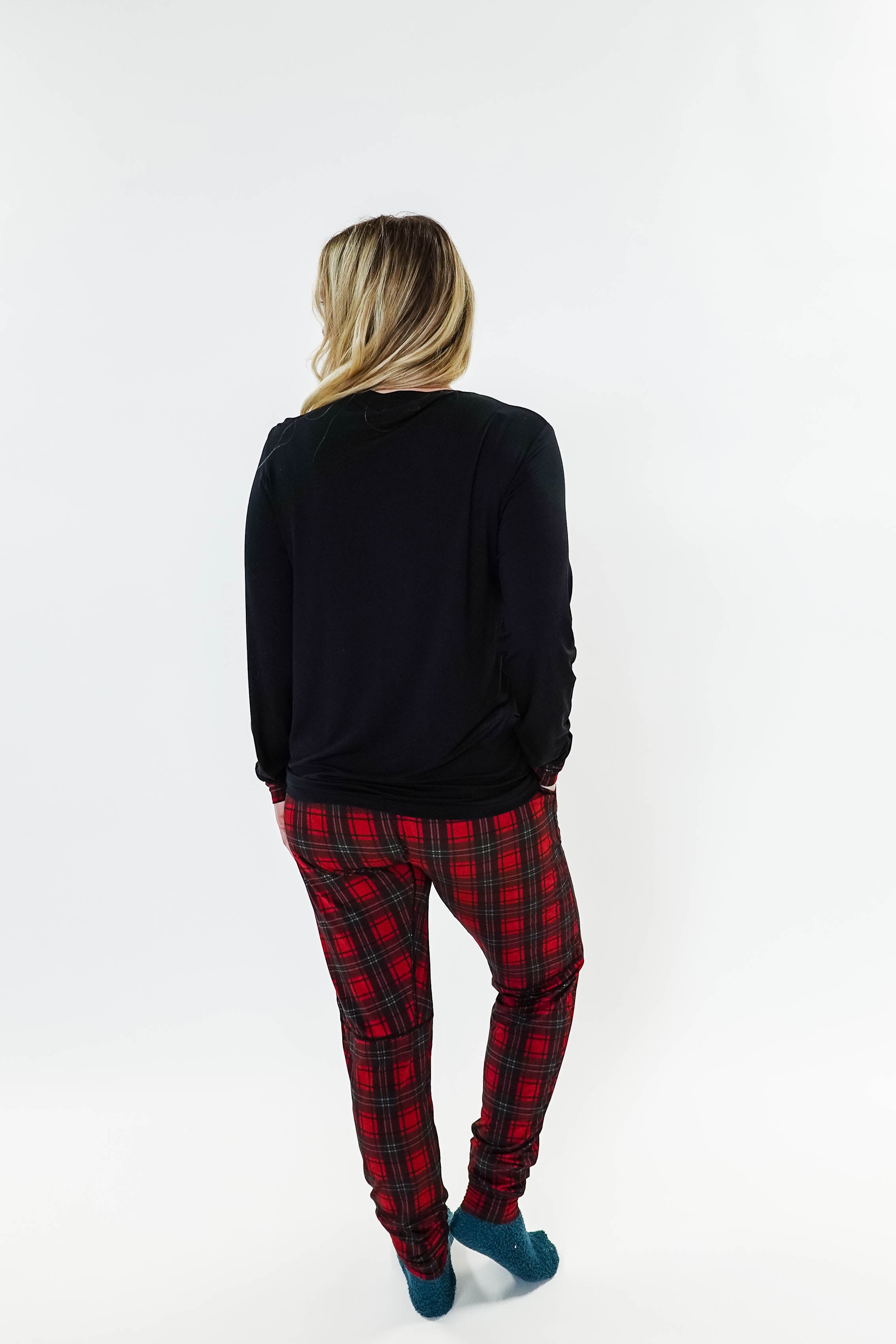 Red Plaid & Black Long Sleeve Jogger Bamboo PJ Set women's holiday pj set red plaid with solid top jogger and top bamboo Georgia Rylan