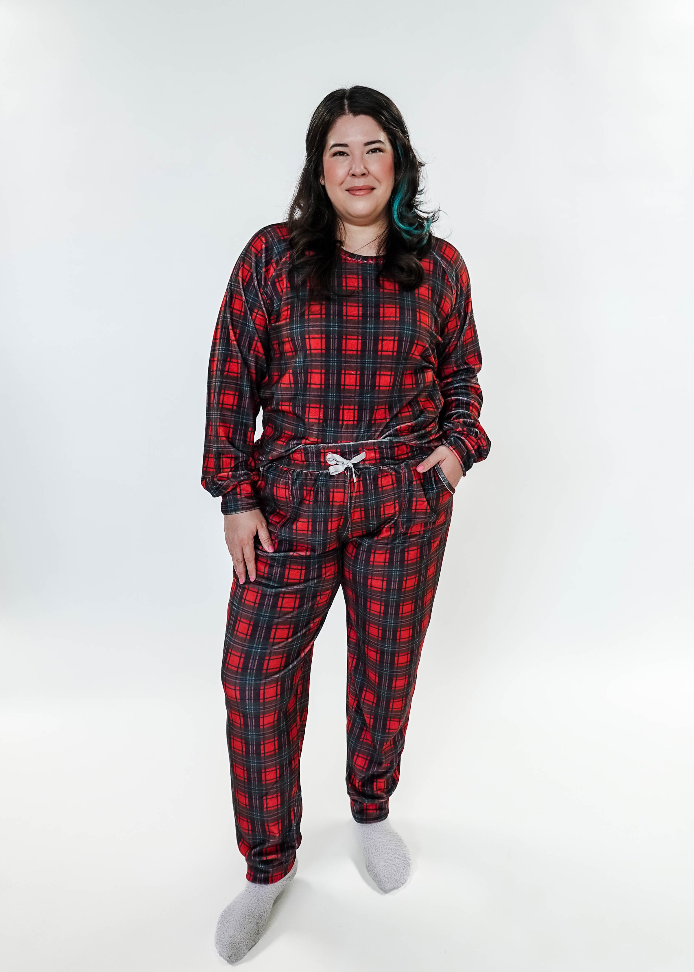women's velour pj set in red plaid holiday pajamas Miranda Nic