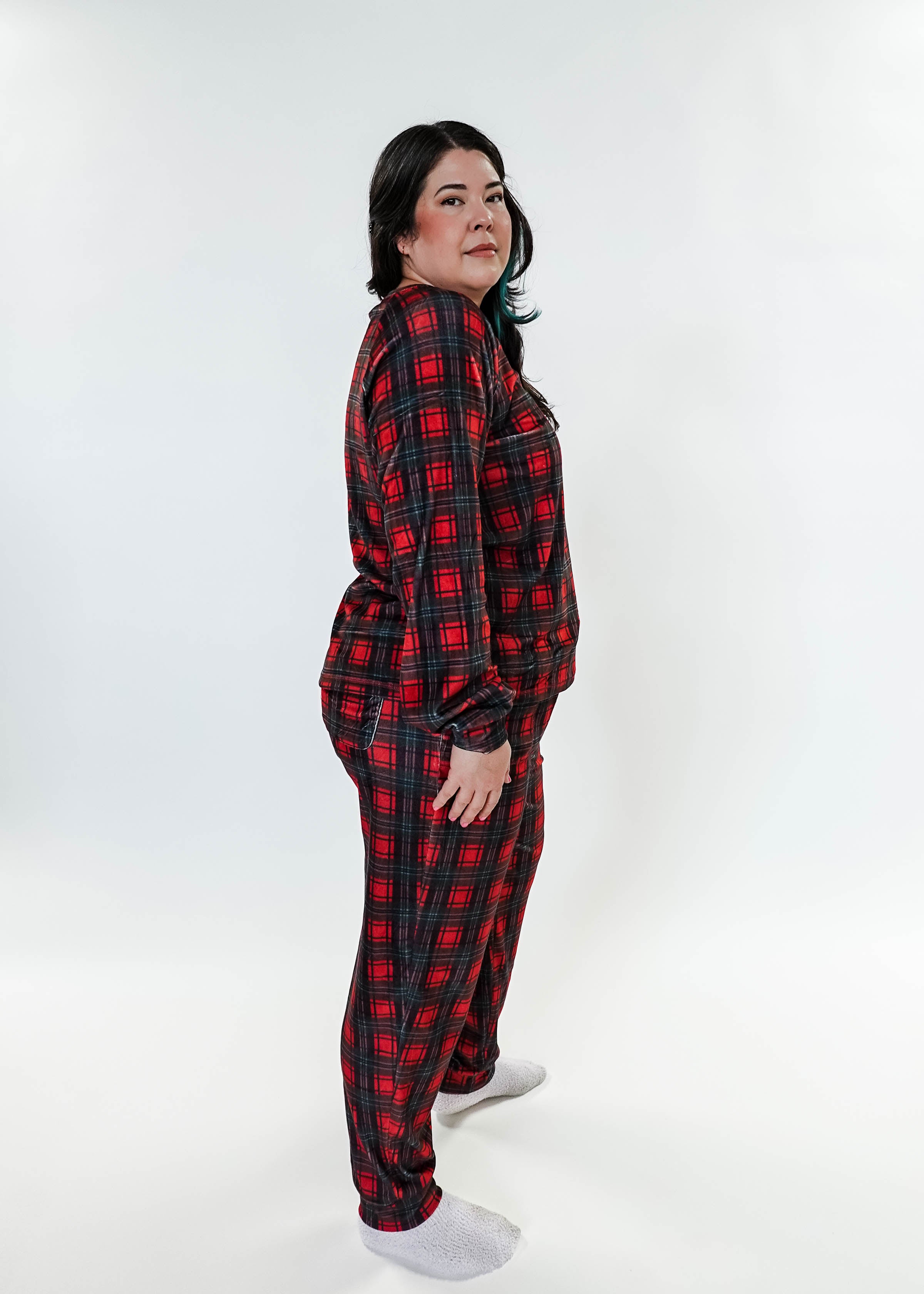 women's velour pj set in red plaid holiday pajamas Miranda Nic