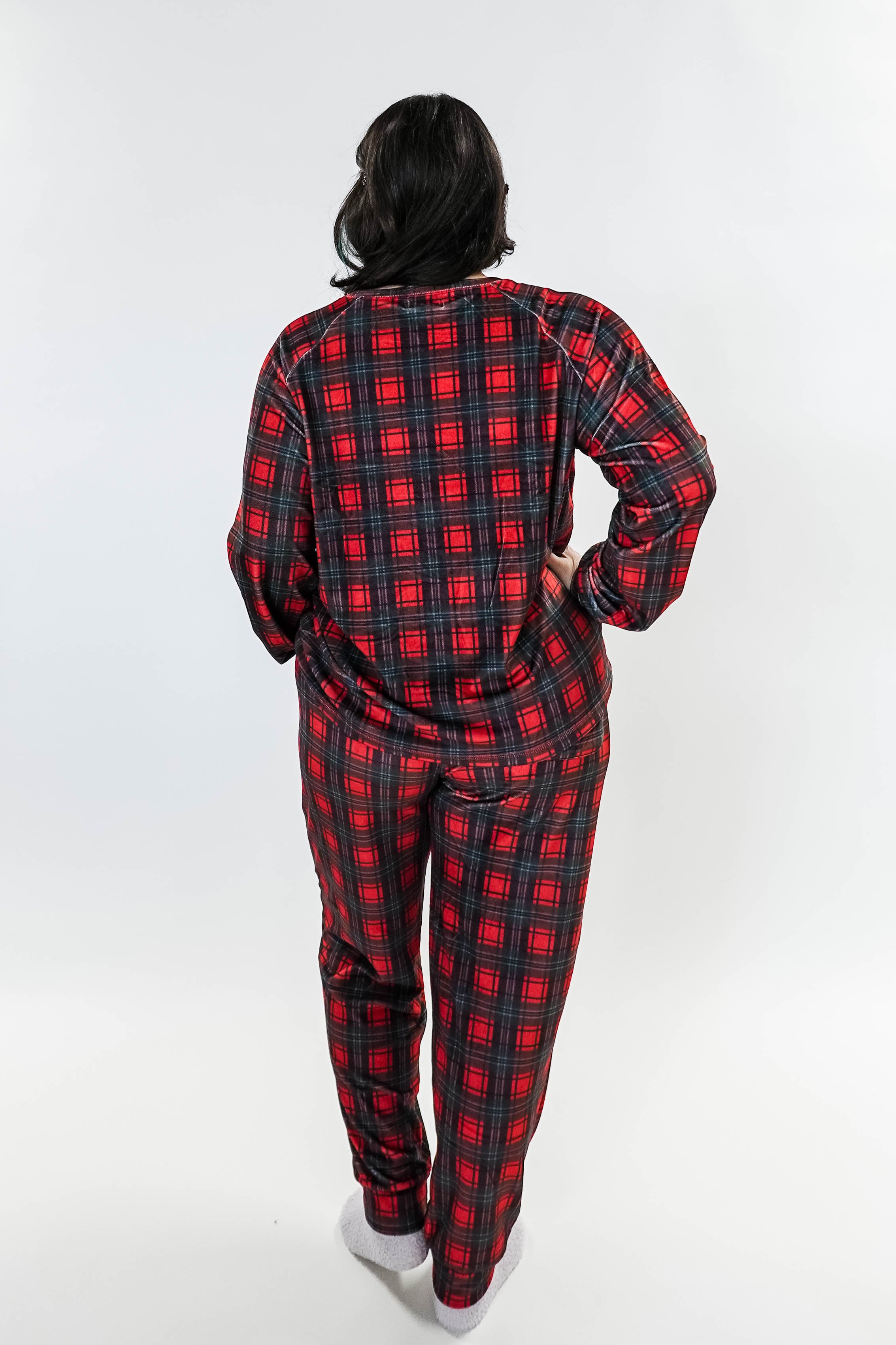 women's velour pj set in red plaid holiday pajamas Miranda Nic