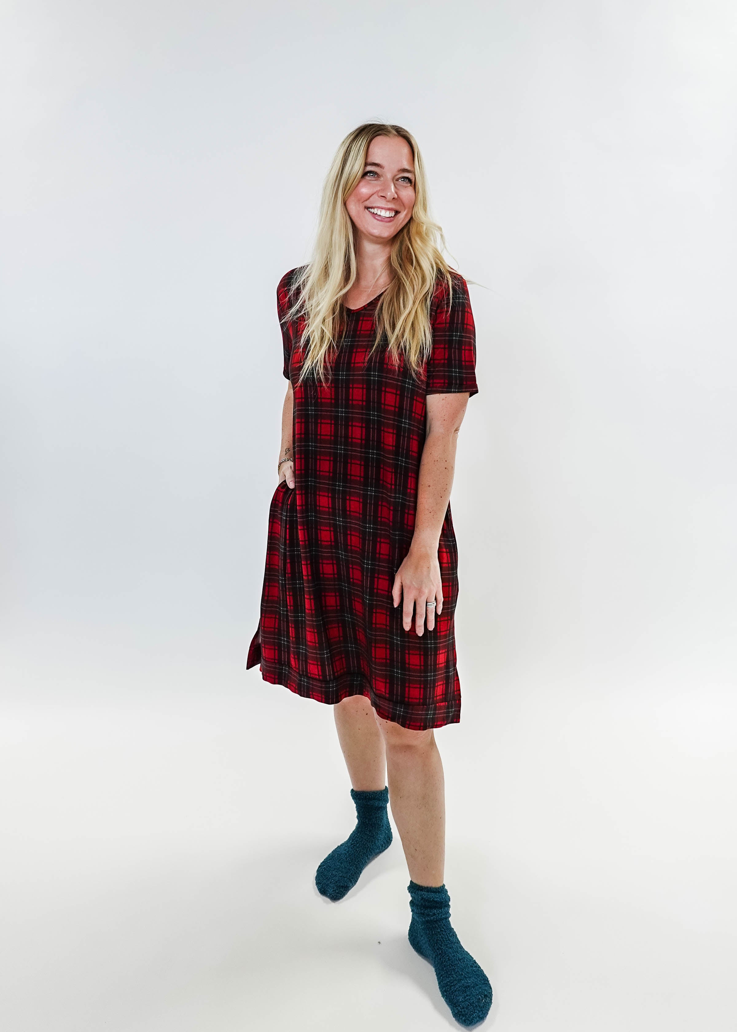 women's Red Plaid V-Neck Bamboo Nightshirt dress for holidays Georgia Rylan Bamboo