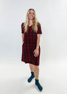 women's Red Plaid V-Neck Bamboo Nightshirt for holidays, can be worn as casual dress,  Georgia Rylan Bamboo