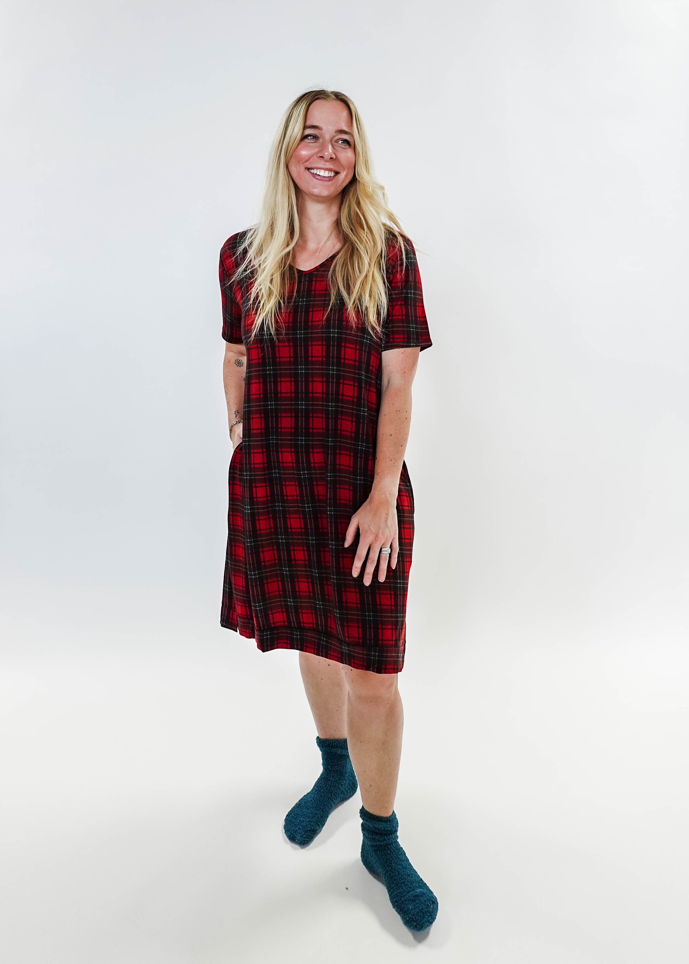 women's Red Plaid V-Neck Bamboo Nightshirt for holidays, can be worn as casual dress,  Georgia Rylan Bamboo