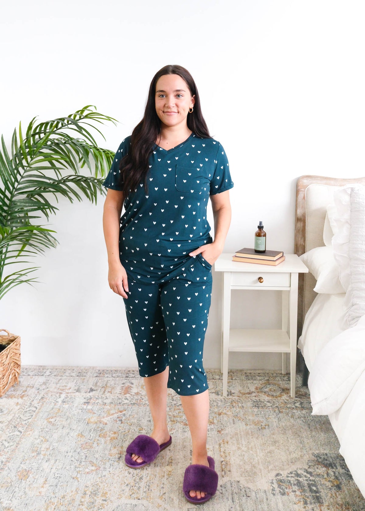 Georgia Rylan Sweetheart Slumber Bamboo Capri Set model full length — Cloud Nine Pajamas