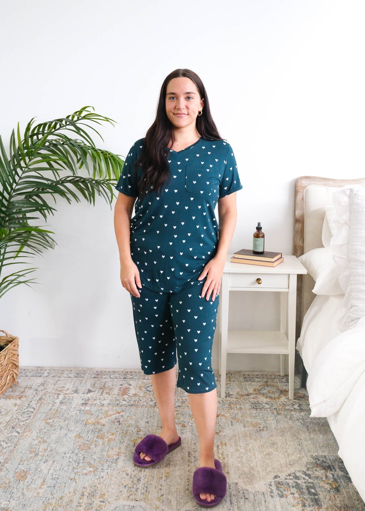 Georgia Rylan Sweetheart Slumber Rolled Sleeve Tee Capri PJ Set front view on model — Cloud Nine Pajamas Edmonton