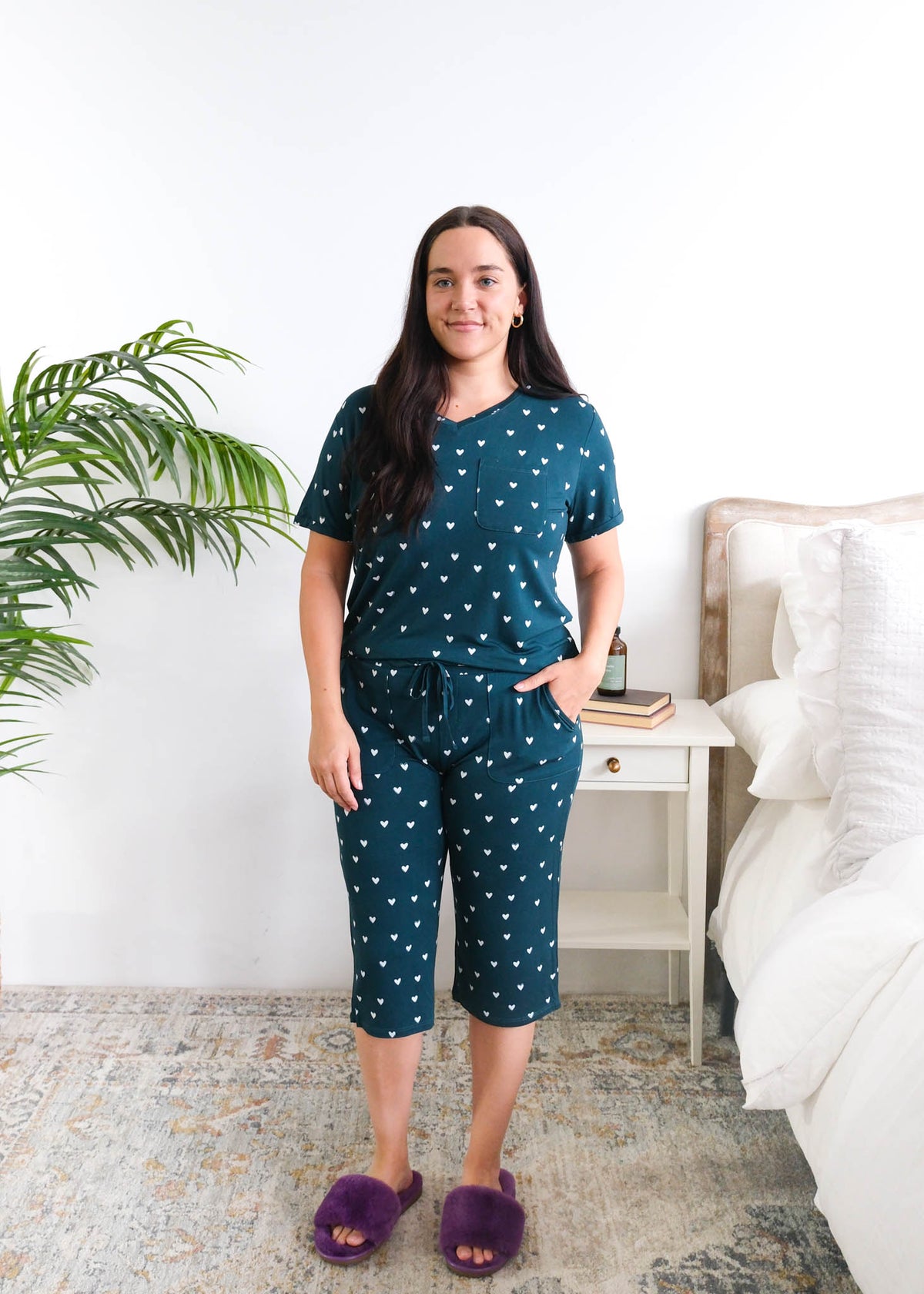 Georgia Rylan Sweetheart Slumber Bamboo Capri Set model full length — Cloud Nine Pajamas