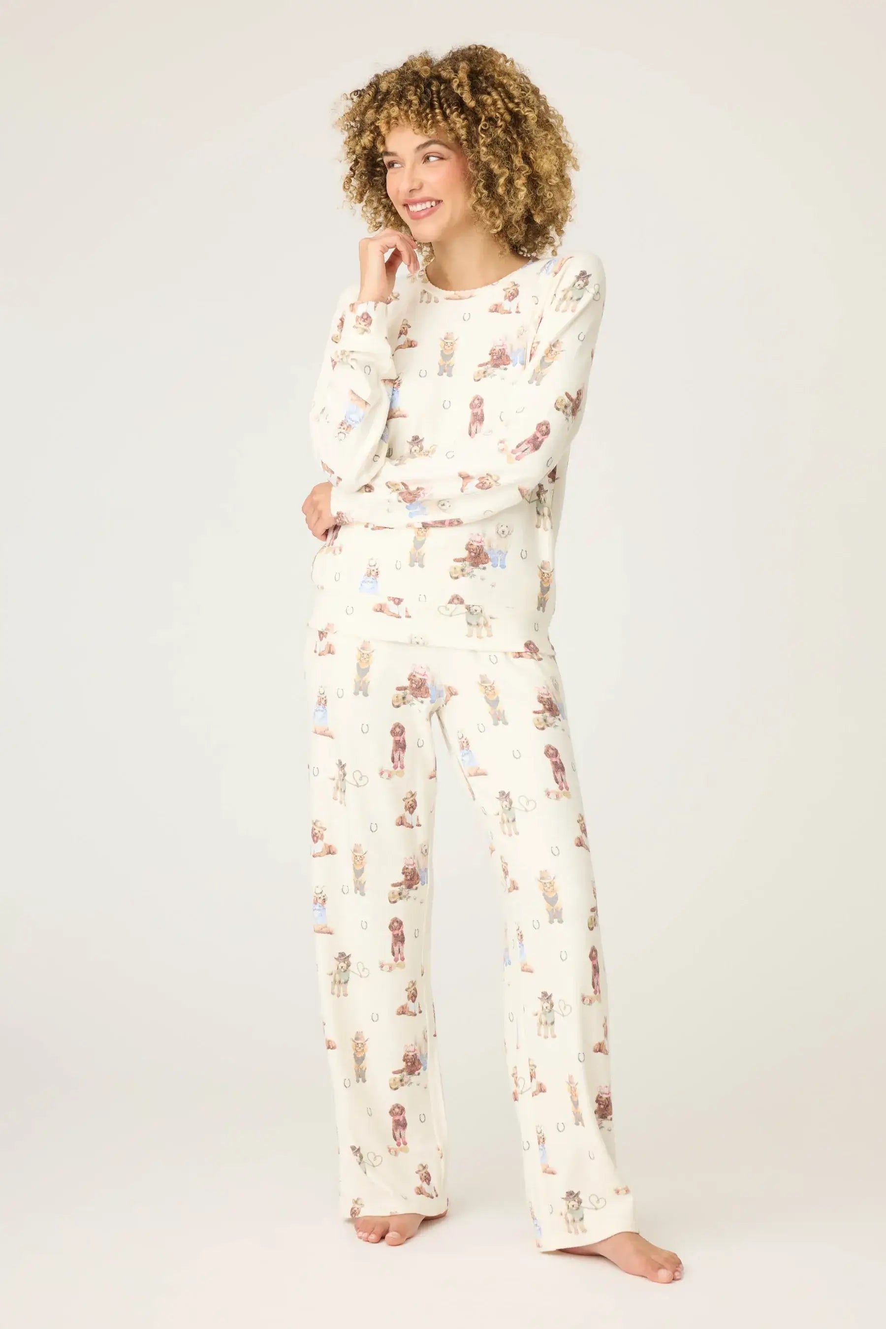 Women's ivory western cowboy dog print thermal peachy pj set pj salvage