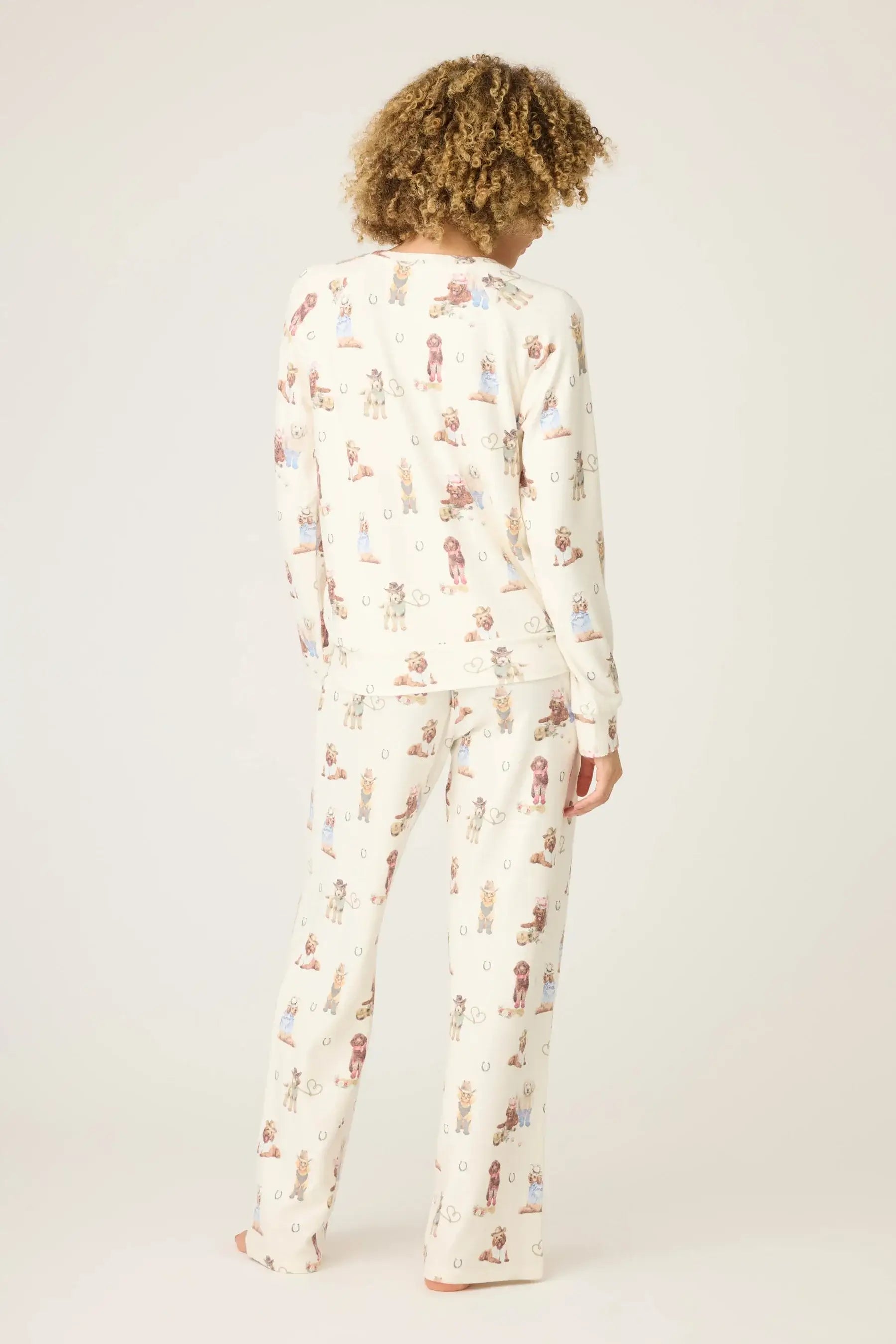Ruff On The Range Dog Print PJ Set PJ SALVAGE shown from the back, featuring playful dog-themed patterns on a cream background.