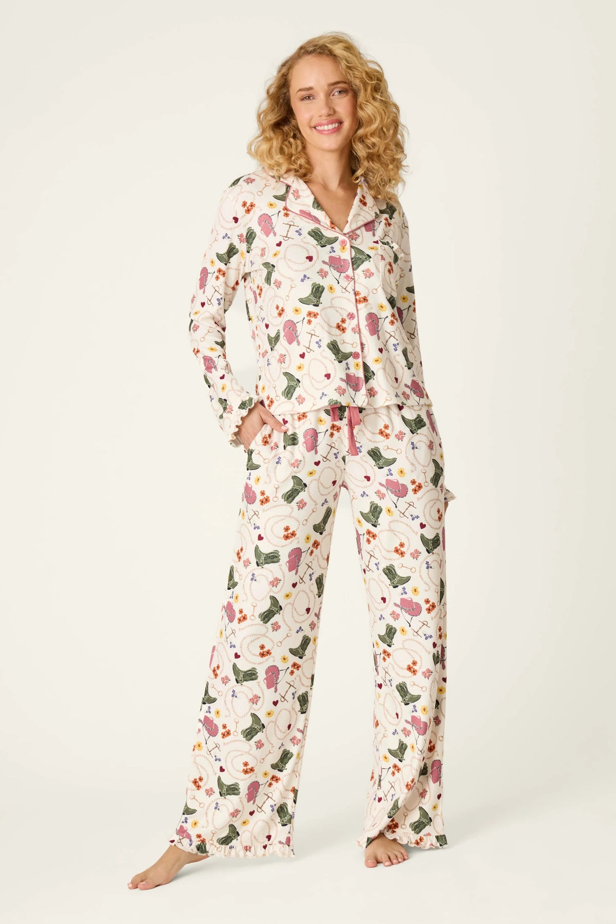 PJ Salvage Saddle Up Western Print Pointelle PJ Set ivory front view on model — Cloud Nine Pajamas Edmonton