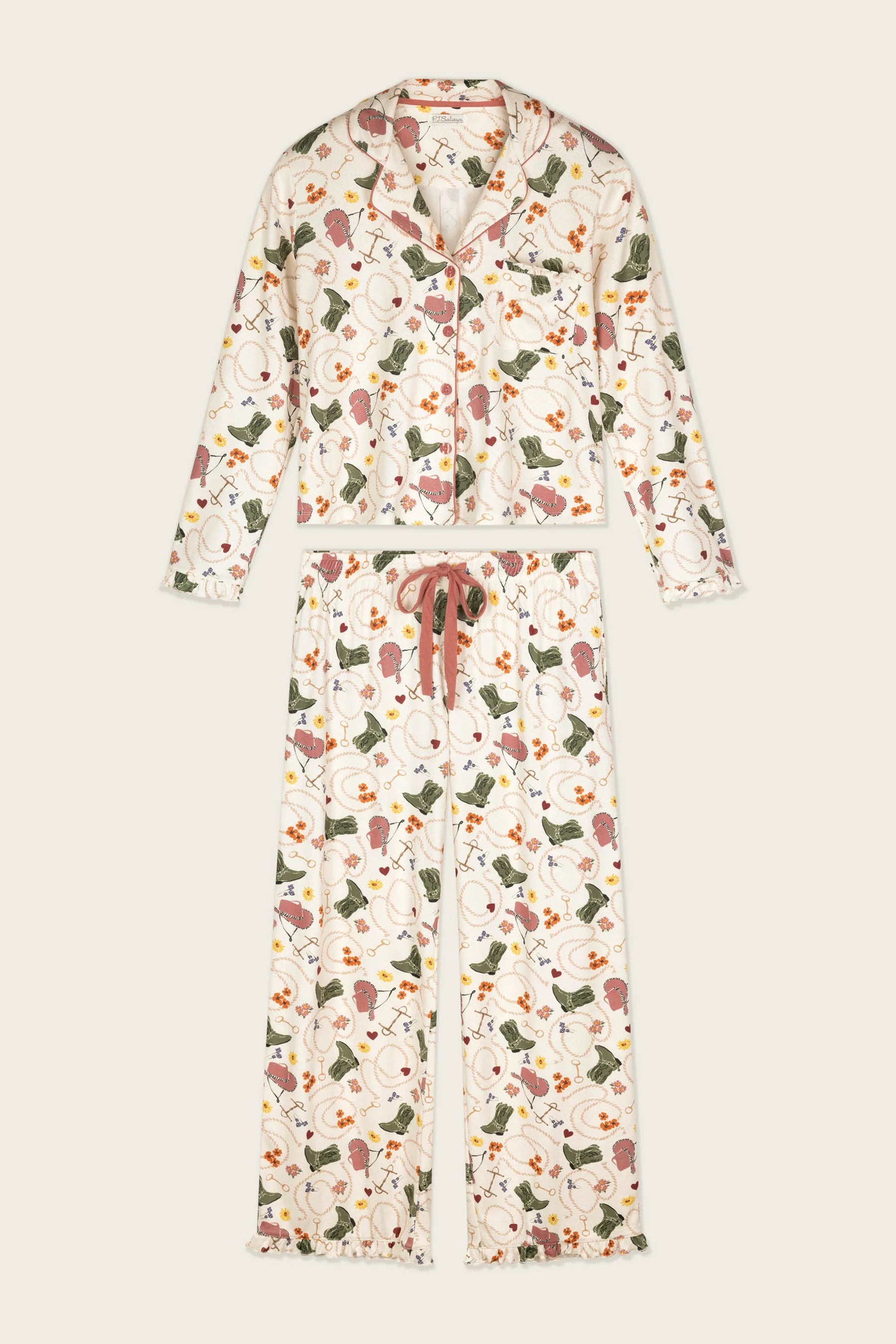 PJ Salvage Saddle Up Western PJ Set full set layout top and pants — Cloud Nine Pajamas Edmonton