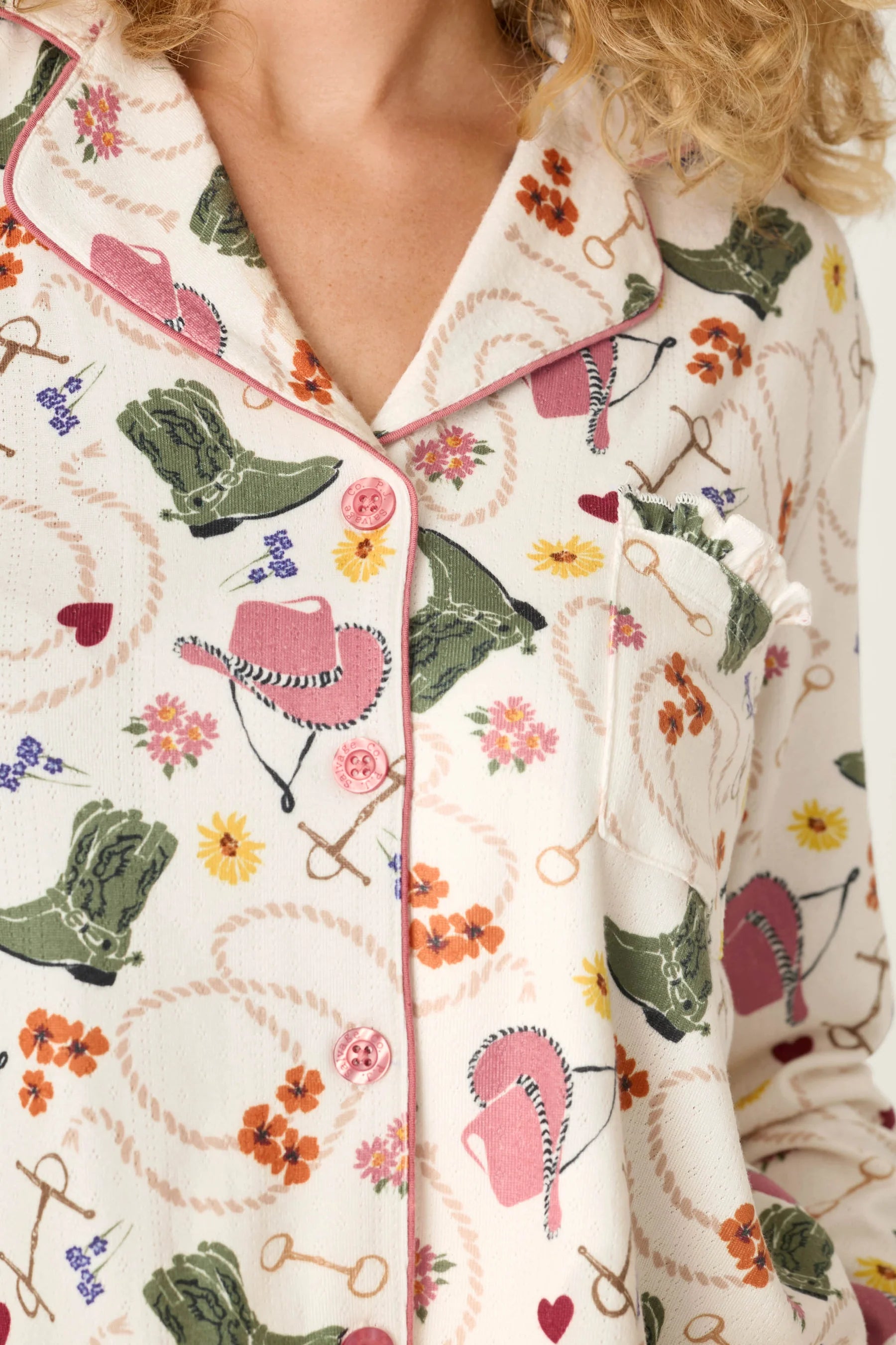 PJ Salvage Saddle Up Pointelle PJ Set ivory pink trim detail close-up — Cloud Nine Pajamas