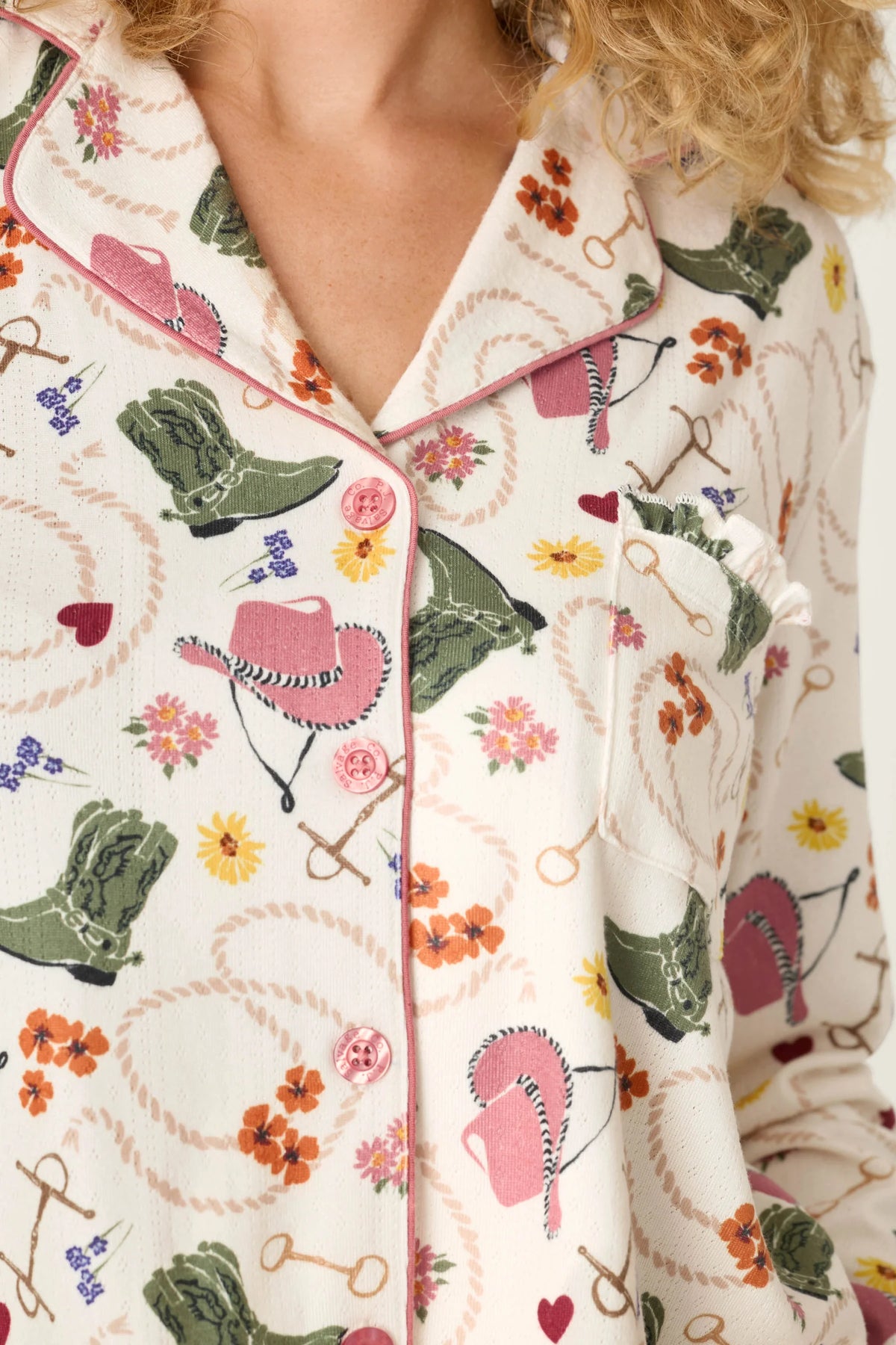 PJ Salvage Saddle Up Pointelle PJ Set ivory pink trim detail close-up — Cloud Nine Pajamas