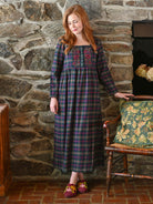 Saratoga Long Flannel Cotton Nightgown Blue Plaid by April Cornell, featuring floral embroidery and a cozy design.