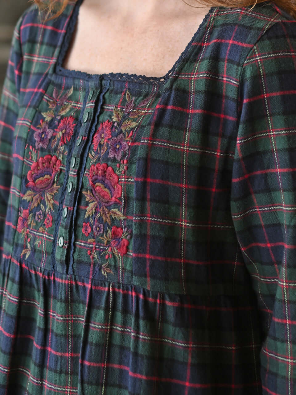 Saratoga Long Flannel Cotton Nightgown in blue plaid with floral embroidery from April Cornell.