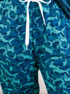 Close up of Shark Camo Blue Printed Jogger Sleep Pant in Bamboo for Men by Bob's Sleepwear Co - Cloud Nine Pajamas