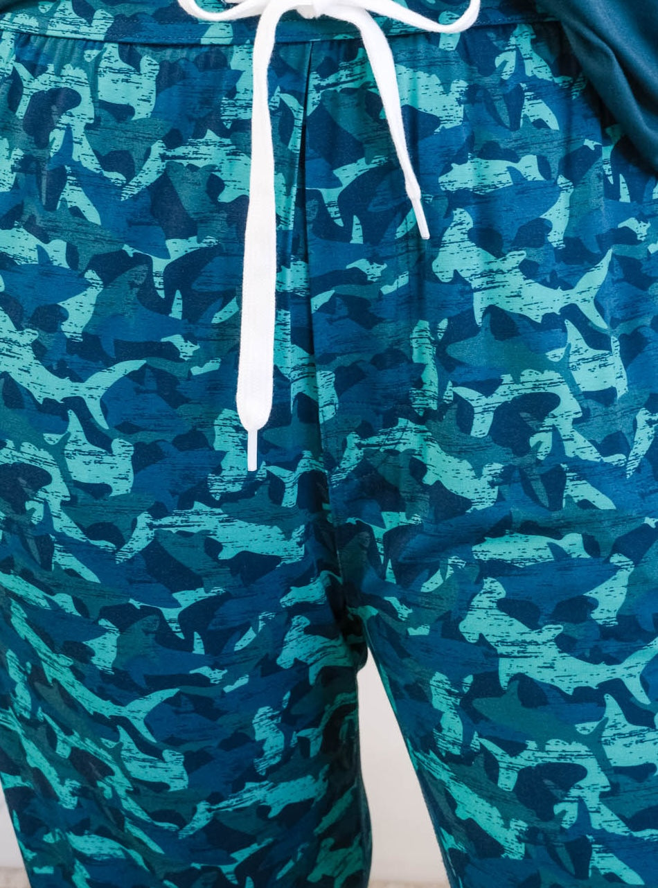 Close up of Shark Camo Blue Printed Jogger Sleep Pant in Bamboo for Men by Bob's Sleepwear Co - Cloud Nine Pajamas