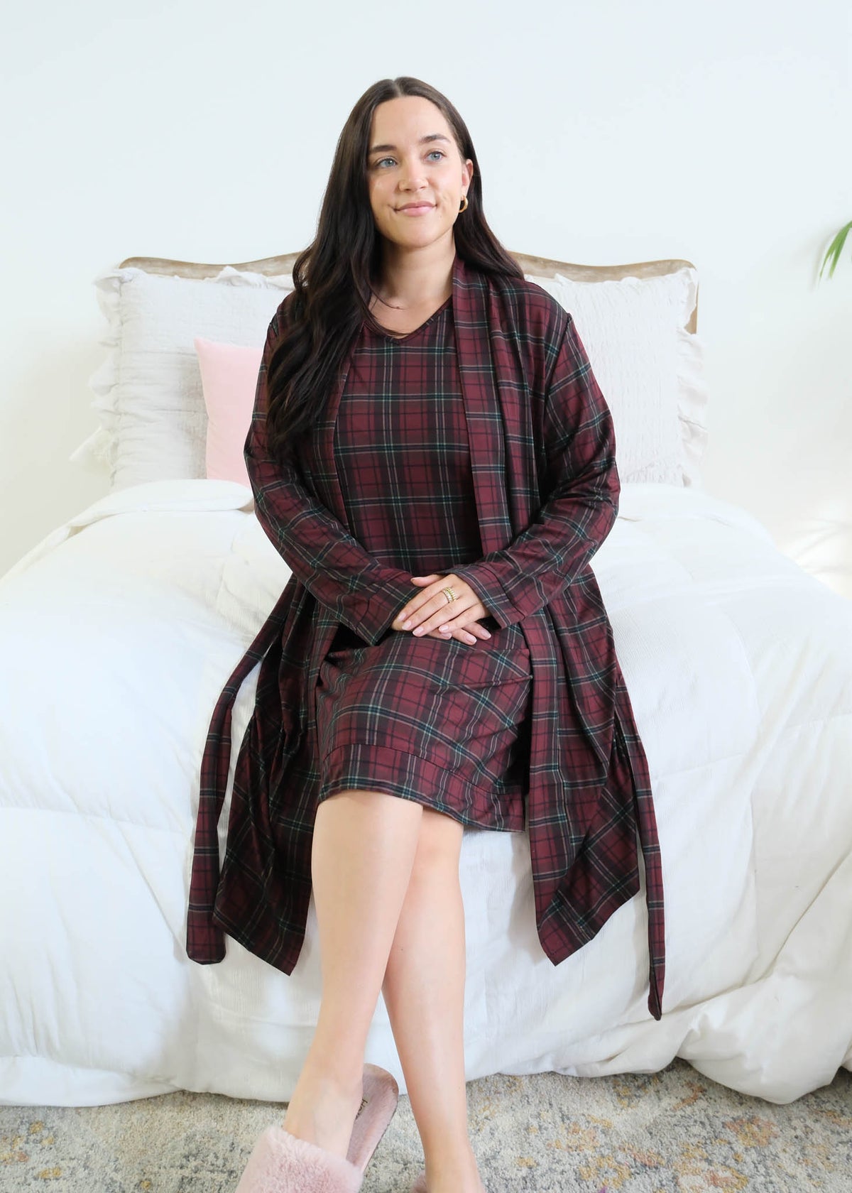 Georgia Rylan Bamboo Plaid Wrap Robe open over matching V-neck nightshirt on model — Cloud Nine Pajamas Edmonton
