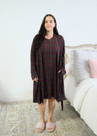 Georgia Rylan Bamboo Plaid Wrap Robe open side pocket hand in pocket detail — Cloud Nine Pajamas Edmonton