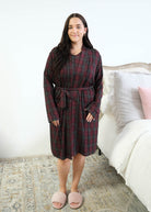 Georgia Rylan Bamboo Plaid Short Wrap Robe belted front view shawl collar turned-back cuffs — Cloud Nine Pajamas Edmonton