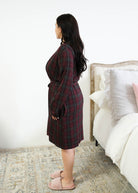 Georgia Rylan Bamboo Plaid Wrap Robe side view belted knee length — Cloud Nine Pajamas Edmonton