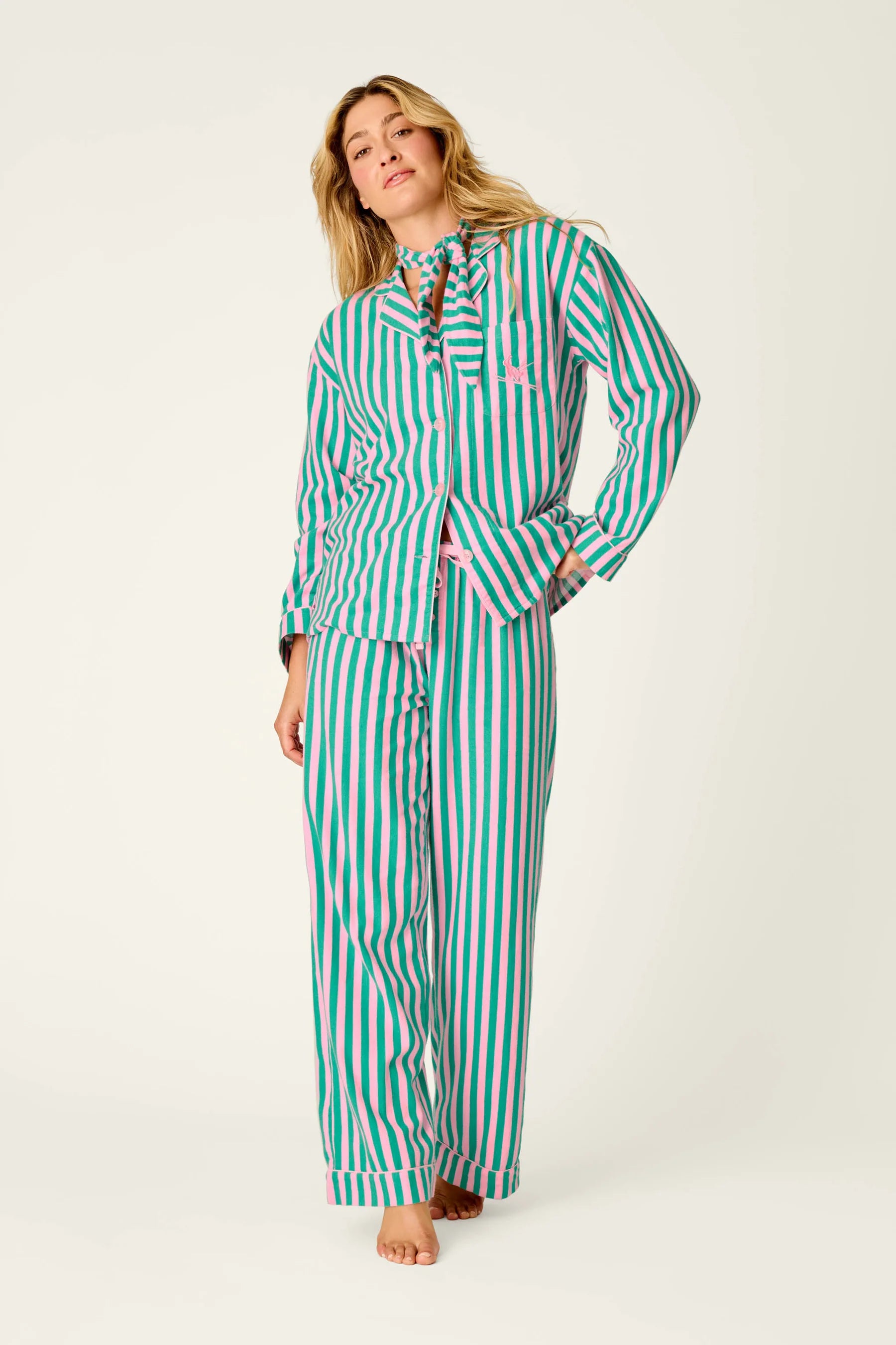 PJ Salvage Ski Bunny Icon 3-Piece Flannel PJ Set Green Pink Stripe front view on model — Cloud Nine Pajamas Edmonton