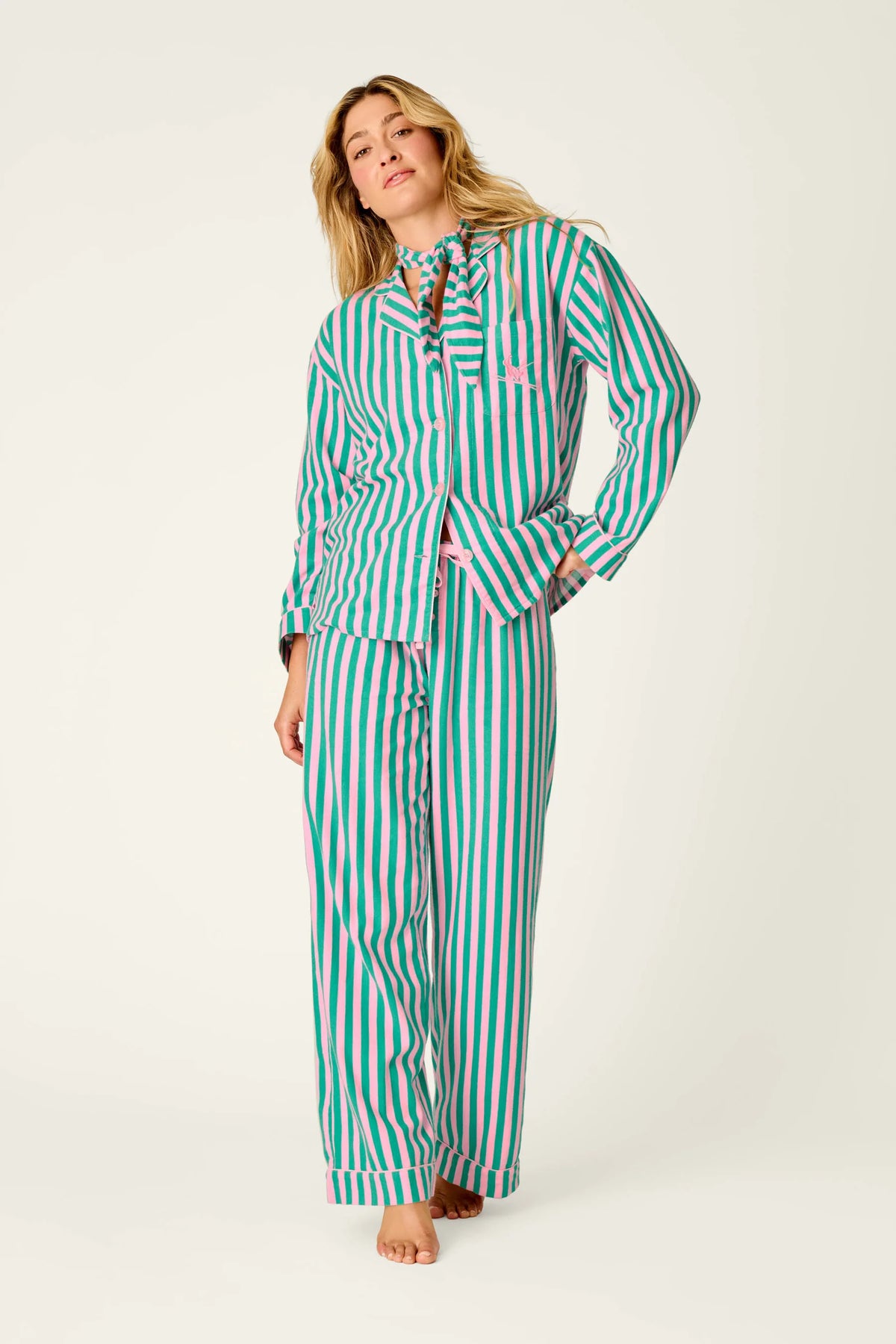 PJ Salvage Ski Bunny Icon 3-Piece Flannel PJ Set Green Pink Stripe front view on model — Cloud Nine Pajamas Edmonton