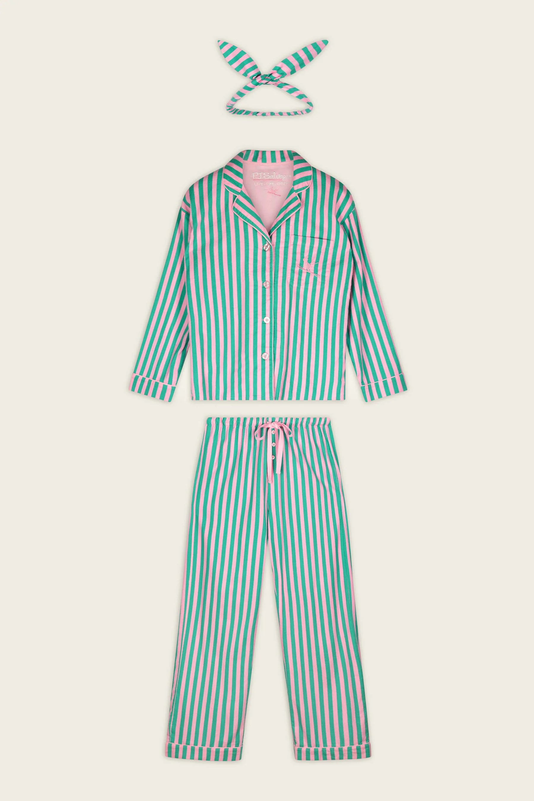 PJ Salvage Ski Bunny Icon 3-Piece Flannel PJ Set Green Pink Stripe front view flat lay— Cloud Nine Pajamas Edmonton
