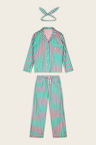 PJ Salvage Ski Bunny Icon 3-Piece Flannel PJ Set Green Pink Stripe front view flat lay— Cloud Nine Pajamas Edmonton